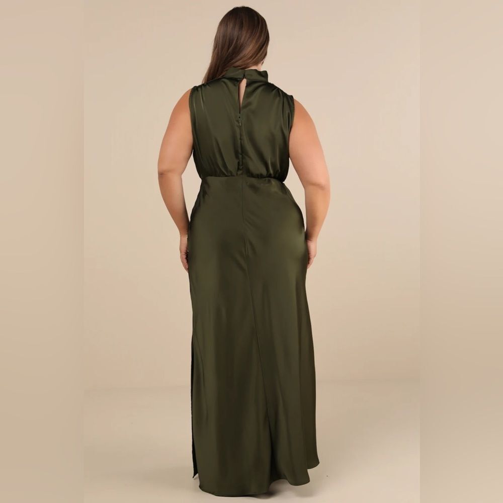 Lulus Classic Elegance Olive Satin Sleeveless Mock Neck Maxi Dress - Picture 9 of 16